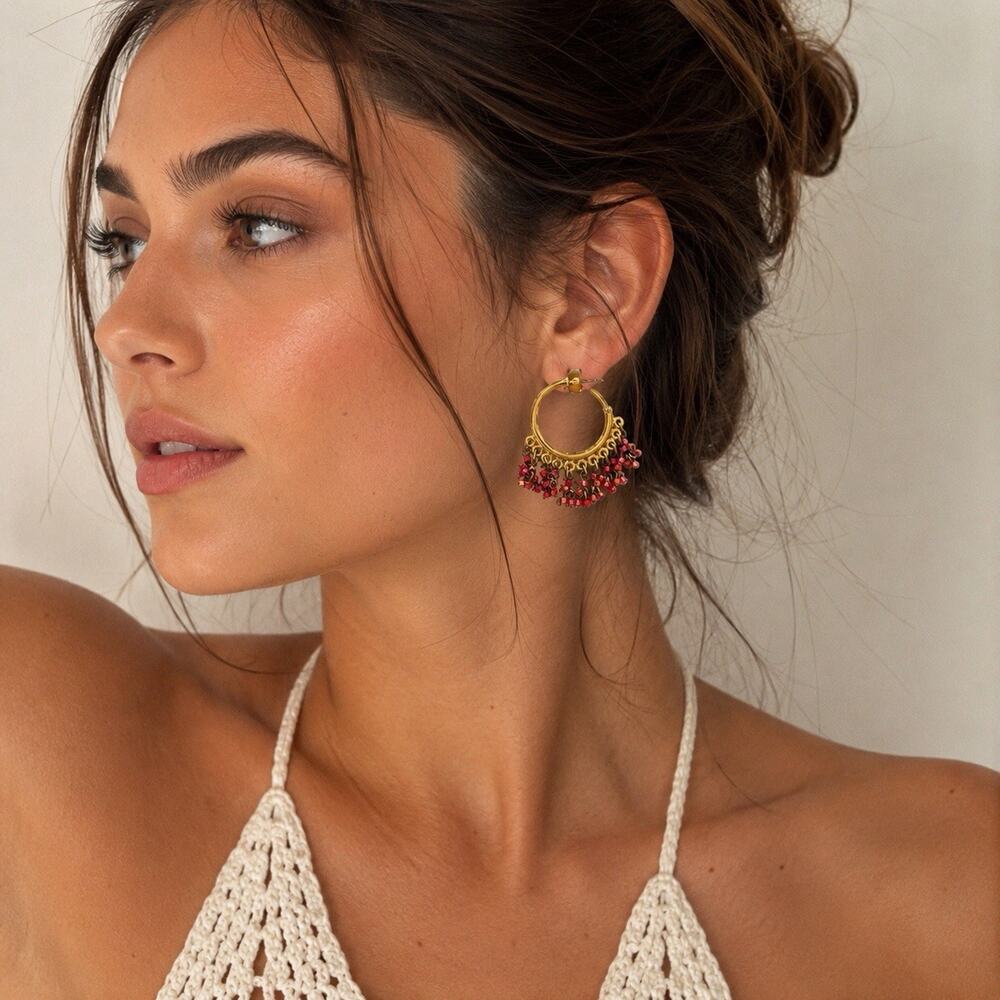 Banana Republic Gold Tone Beaded Hoop Earrings Red Fringe Boho NWT Vintage